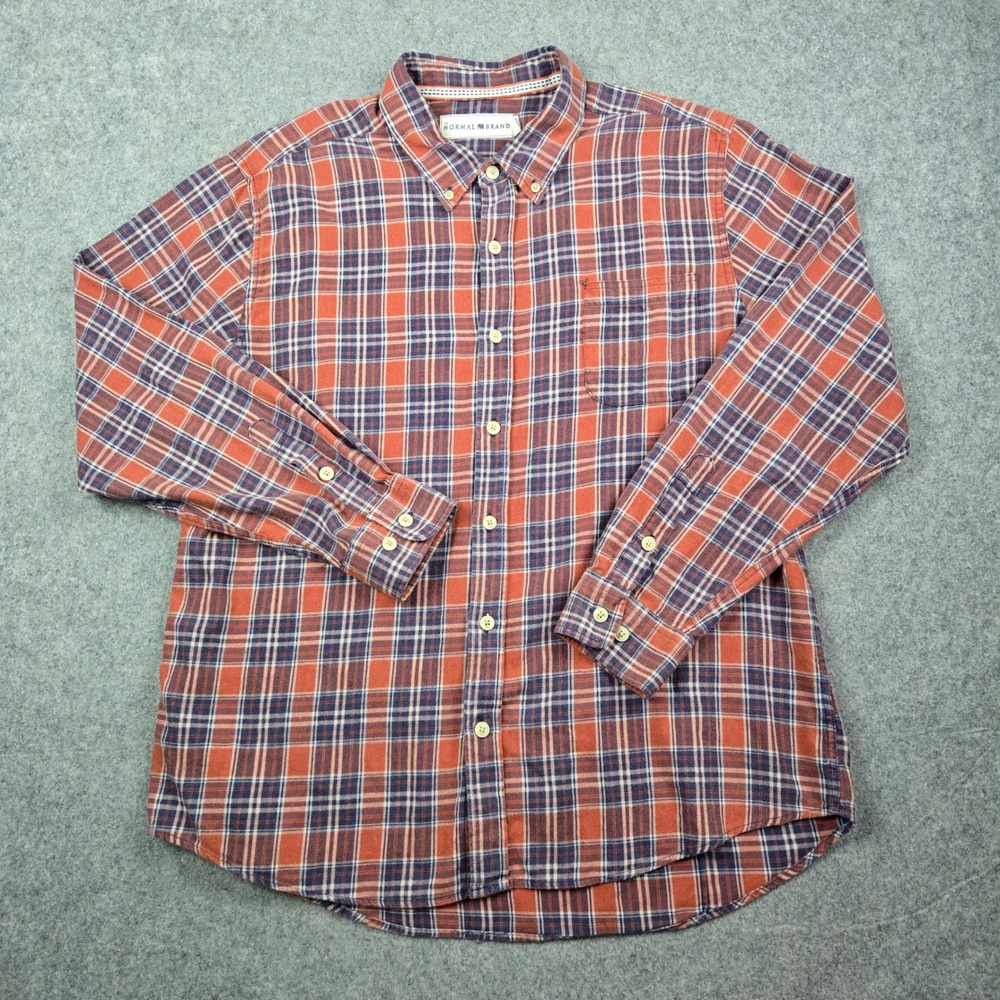 The Normal Brand Flannel Shirt Mens XL Orange Blue Plaid Button Down Long Sleeve - Picture 2 of 15